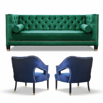 Groene bankstel 3-delig set bankstellen zitkussens Chesterfield set fluweel