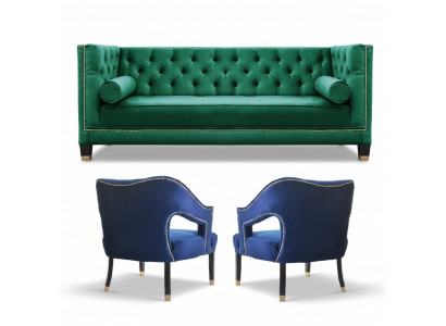 Groene bankstel 3-delig set bankstellen zitkussens Chesterfield set fluweel