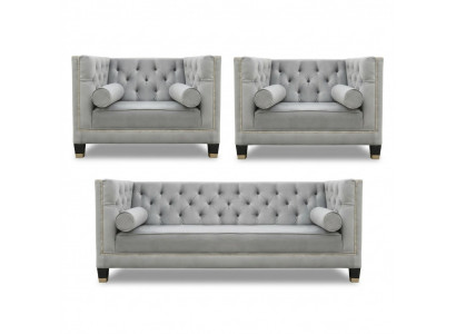 Bankstel Grijs Chesterfield Fauteuil Luxe meubels Textiel Stof Woonkamer Nieuw