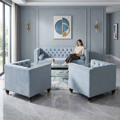 Blauwe Chesterfield bankstel Creatief meubilair Textielstof Woonkamer Nieuw