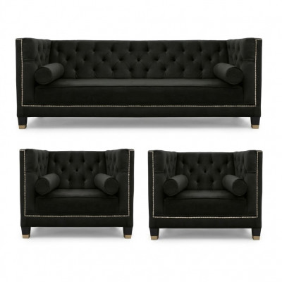 Zwarte Chesterfield woonkamerset met fauteuil en driezitsbank 3-delig.