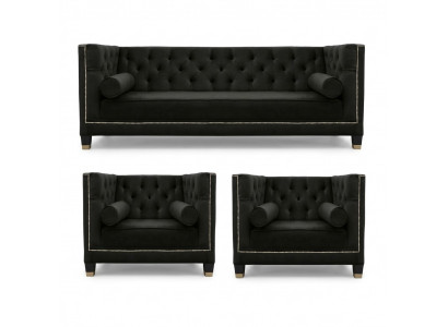 Zwarte Chesterfield woonkamerset met fauteuil en driezitsbank 3-delig.