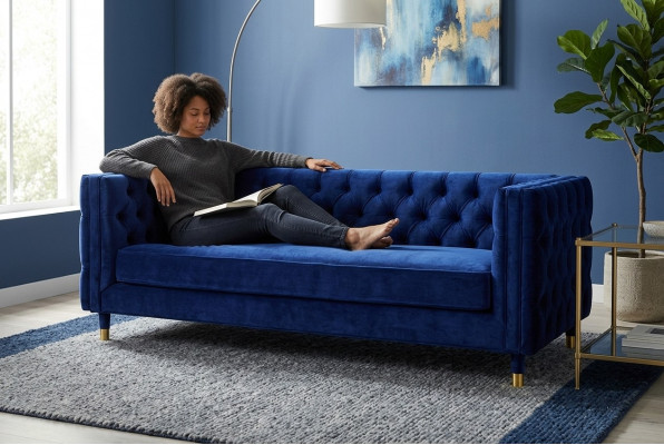 Blauwe Chesterfield Big Designer 4-persoonsbank Nieuw Textiel Stof Bank