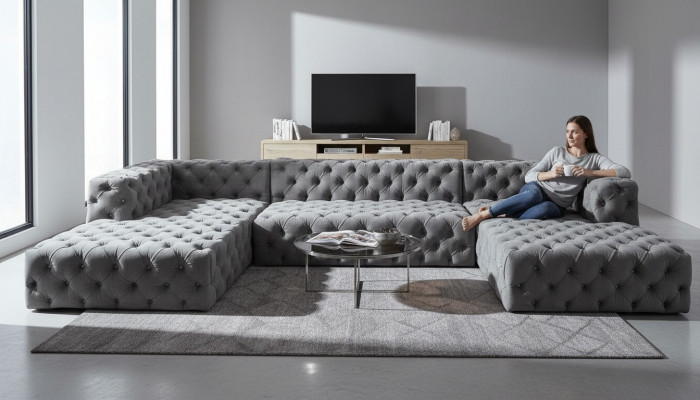Chesterfield U-vorm Bank Grijs XXL Groot Textiel Stof Bank Luxe Meubels Bekleding