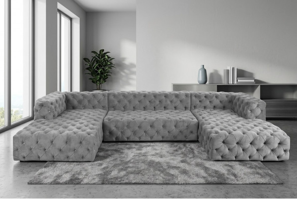 Chesterfield U-vorm Bank Grijs XXL Groot Textiel Stof Bank Luxe Meubels Bekleding