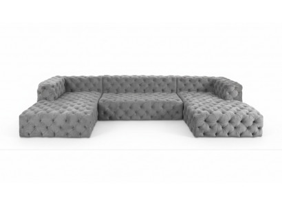 Chesterfield U-vorm Bank Grijs XXL Groot Textiel Stof Bank Luxe Meubels Bekleding