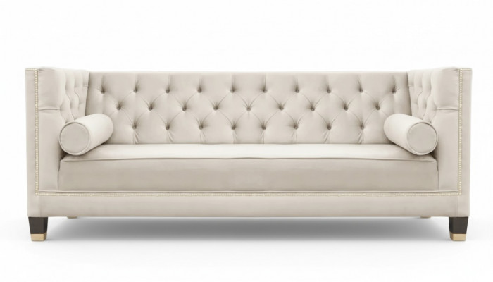 Luxe beige Chesterfield fluwelen driezits gestoffeerde meubels voor hotel woonkamer praktijk.