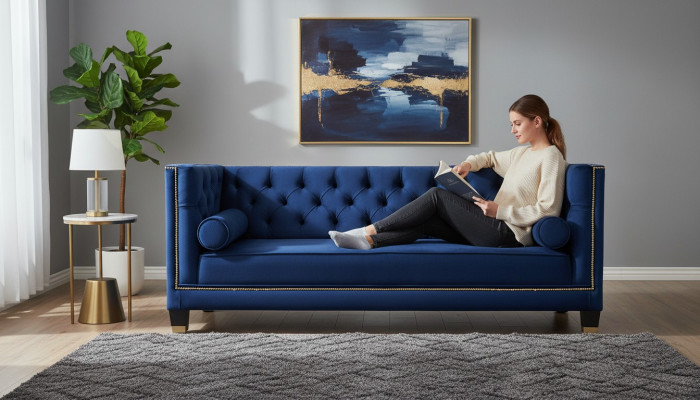 Blauwe Chesterfield driezits stoffen woonkamer ontwerpbanken