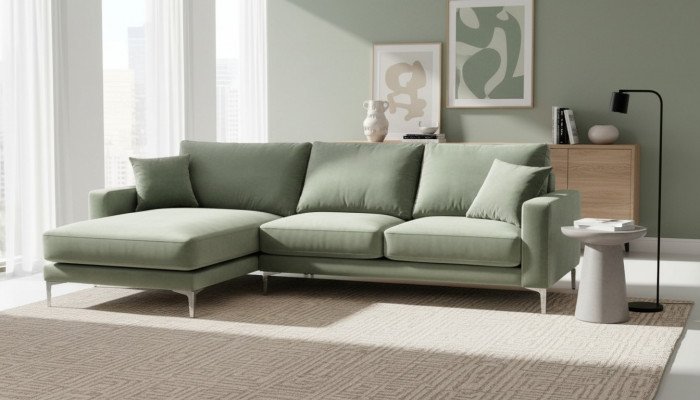 Zalfgroene hoekbank stoffen design bankstel gestoffeerde bank banken nieuw groen woonkamer