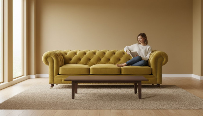 Luxe Geel Chesterfield Fluweel Driezitsbank Bekleding Meubels Hotel Woonkamer Praktijk