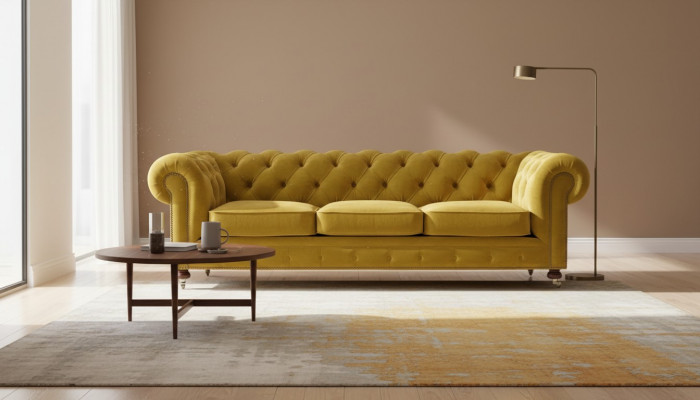 Luxe Geel Chesterfield Fluweel Driezitsbank Bekleding Meubels Hotel Woonkamer Praktijk