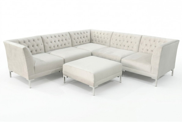 Hoekbank Poef Roomwit Groot Textiel Chesterfield Bankstel Luxe Meubels 2-delig.