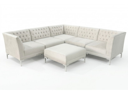 Hoekbank Poef Roomwit Groot Textiel Chesterfield Bankstel Luxe Meubels 2-delig.