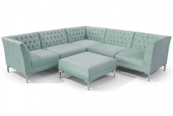Turkoois Blauwe hoekbank woonkamerstijl meubels Chesterfield landhuisbankstel 2-delig.