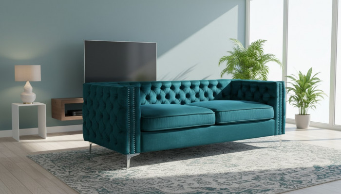 turkooizen chesterfield bank luxe fluwelen stoffen bankstellen bankstel set knopen bekleding nieuw