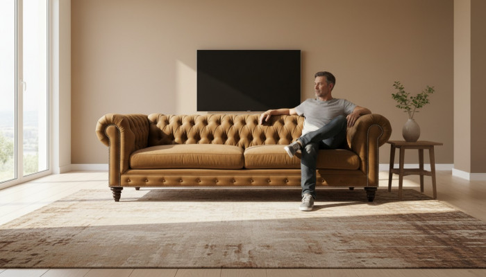 Chesterfield driezitsbank Creatief meubilair Textiel Stof Oranje Nieuw Woonkamer Modern