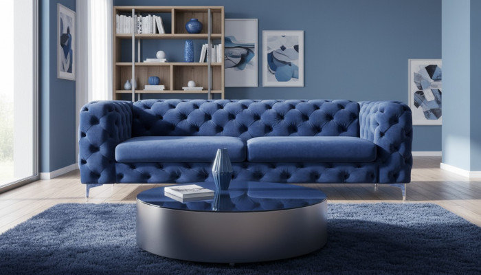 Chesterfield driezits blauw sofa woonkamer modern fluwelen meubels textiel stof nieuw