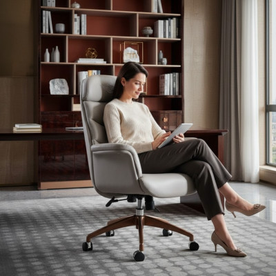 Kantoorstoel Beige Leer Roestvrij Staal Kantoor Meubels Luxe Inrichting Nieuw