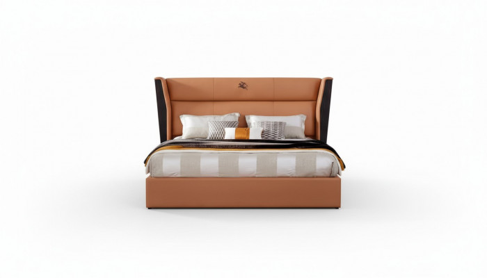 Bed Leer Oranje Slaapkamer Creatieve Moderne Ontwerp Meubels Hout Luxe Bedden