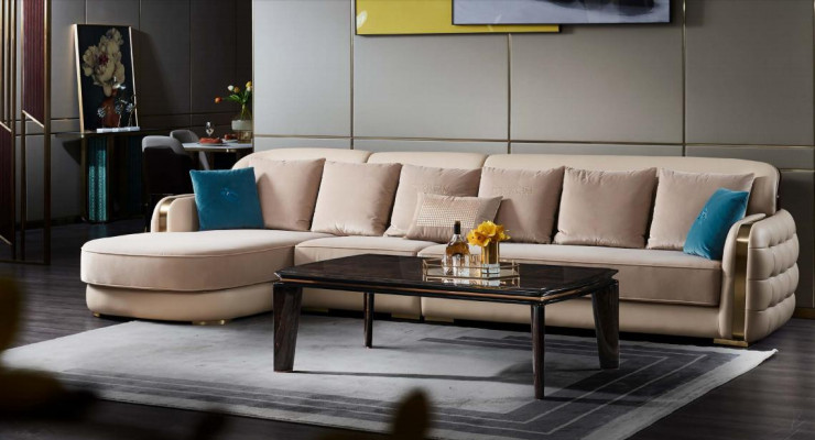 Hoekbank van beige leer Luxe woonlandschap Bank Hoekbankbank Bank Meubels Ontwerp