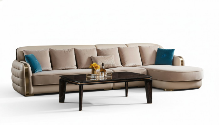 Hoekbank van beige leer Luxe woonlandschap Bank Hoekbankbank Bank Meubels Ontwerp