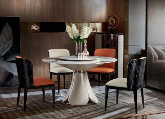 Eettafel 6x stoelen eetkamer lederen tafel stoel rond modern design meubels