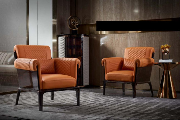 Fauteuil Oranje Leer Stoel Rug Modern Ontwerp Meubels Luxe Woonkamer Hout Nieuw
