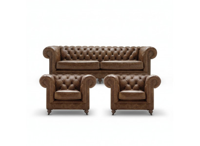 Bruin Chesterfield+2 fauteuils leren banken creatieve meubels nieuwe woonkamer sofa