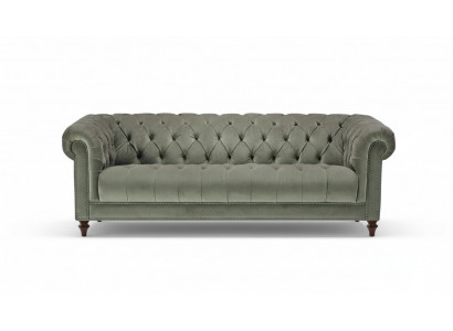 Salbeigroen driezits stoffen woonkamer design gestoffeerde bank banken Chesterfield