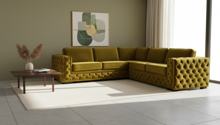 Chesterfield fluwelen hoekbank sofa bankstel gestoffeerde hoekset woonkamer banken geel