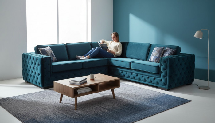 Groene hoekbank woonlandschap bank hoekbank gestoffeerd meubeldesign Chesterfield.