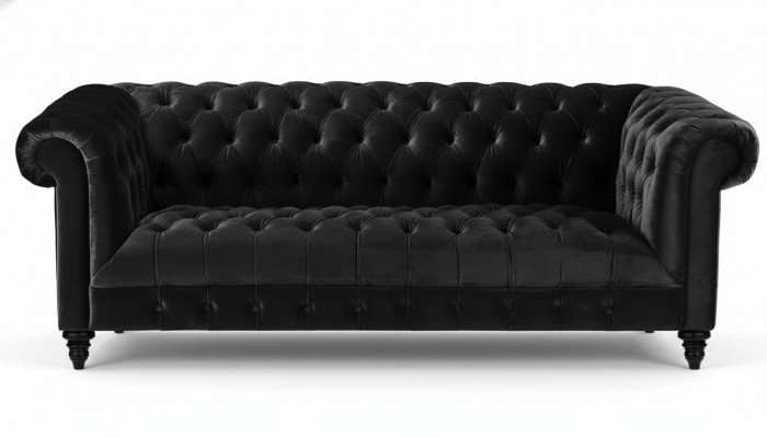 Zwarte fluwelen bank Luxe gestoffeerde Chesterfield meubelbank met knopen voor drie personen