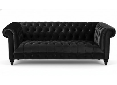 Zwarte fluwelen bank Luxe gestoffeerde Chesterfield meubelbank met knopen voor drie personen