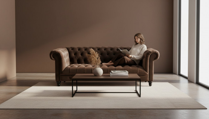 Bruine fluwelen bank Luxe gestoffeerde Chesterfield meubelbank met knopen Driezitsbank