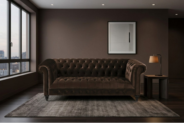 Bruine fluwelen bank Luxe gestoffeerde Chesterfield meubelbank met knopen Driezitsbank