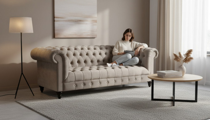 Beige fluwelen bank Luxe gestoffeerde Chesterfield meubels Bank met knopen voor drie personen.