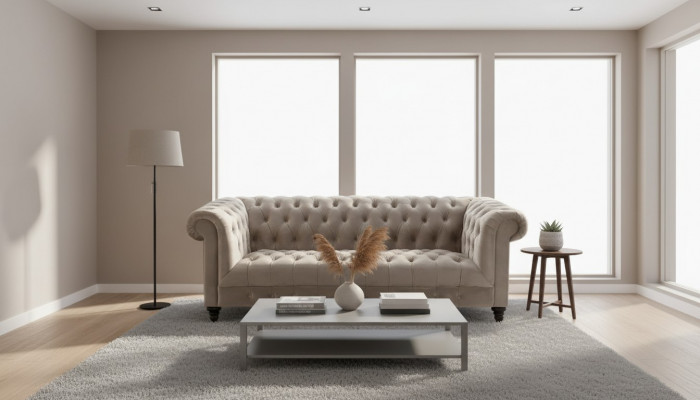 Beige fluwelen bank Luxe gestoffeerde Chesterfield meubels Bank met knopen voor drie personen.