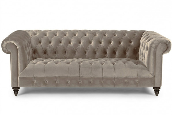 Beige fluwelen bank Luxe gestoffeerde Chesterfield meubels Bank met knopen voor drie personen.