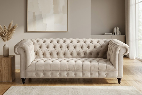 Chesterfield Beige fluwelen bank Luxe gestoffeerde meubels Bank met knopen Driezitsbank