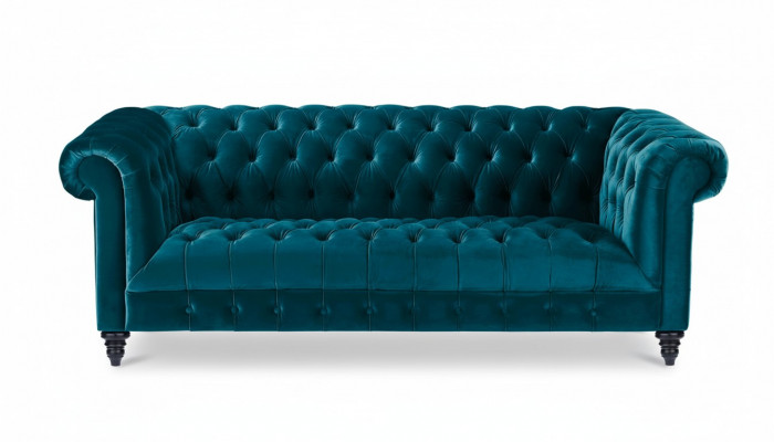 Chesterfield Turquoise Velvet Bank Luxe Upholstered Furniture Bank with Buttons Three-seater