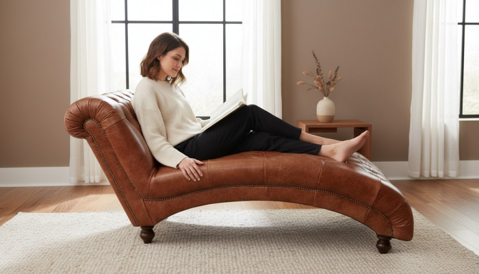 Chesterfield bruine chaise longue meubels ligstoel moderne woonkamer