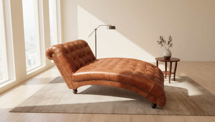 Chesterfield bruine chaise longue meubels ligstoel moderne woonkamer