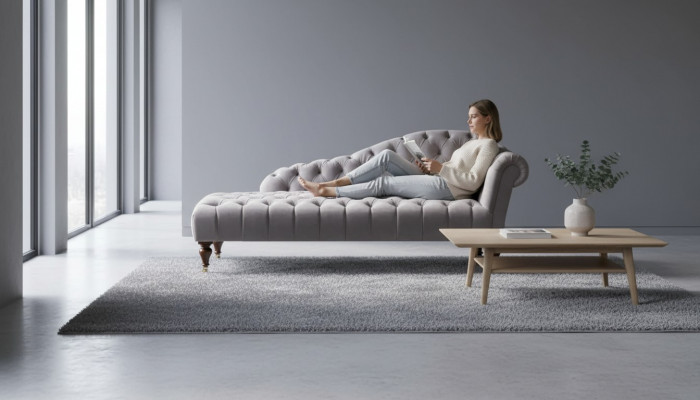Chaiselongue Klassieke Meubels Beige Woonkamer Bank Stof Chesterfield
