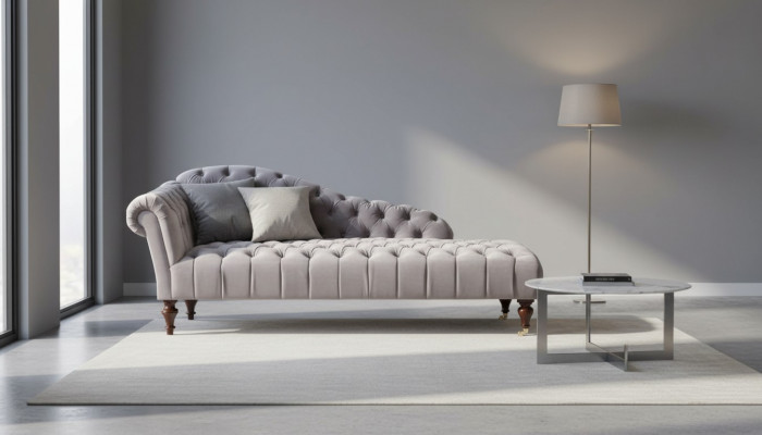 Chaiselongue Klassieke Meubels Beige Woonkamer Bank Stof Chesterfield