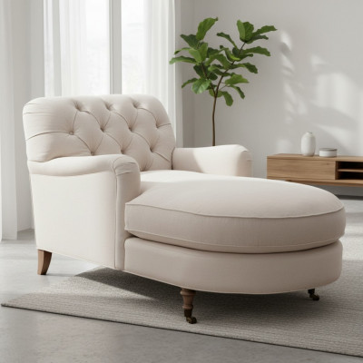 Beige Chaiselongue Chesterfield meubilair ligstoel woonkamer modern