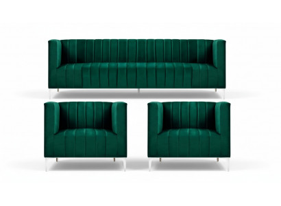 Bankstel driezits stof woonkamer fluweel design groen bankstel 2 leunstoelen groep