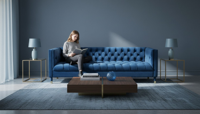 Blauwe Chesterfield Textiel Modern Design Stof Creatief Meubilair Nieuwe Woonkamerbank.