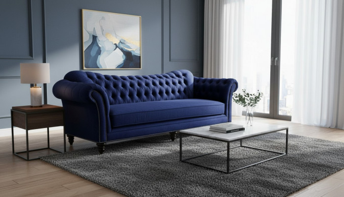 Blauwe Chesterfield woonkamer modern design banken bank ontwerper meubels stof