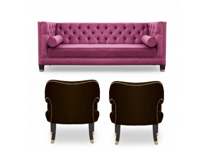 Rosa Chesterfield 2 Fauteuils Zwart Textiel Modern Design Luxe Meubilair Bankstel Set Nieuw