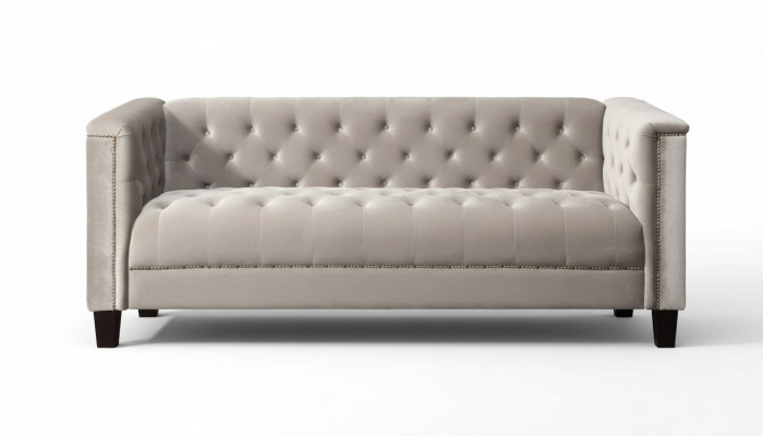 Helder grijs driezits stoffen Chesterfield woonkamer modern design bankstellen sofa. 